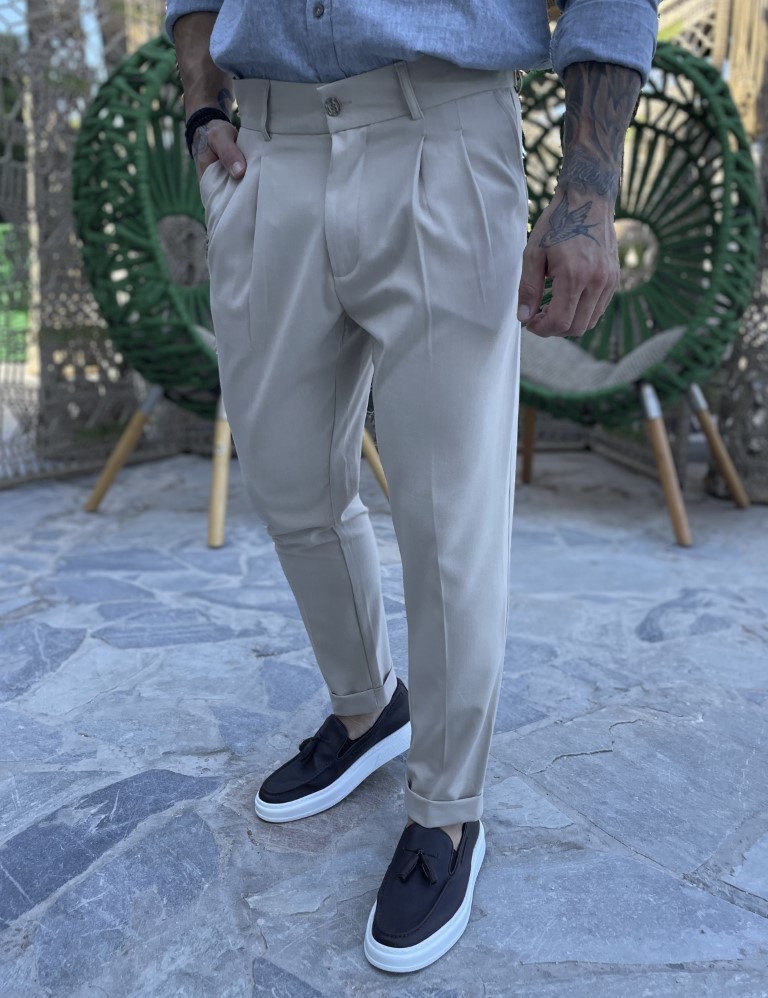 Ανδρικό μπεζ υφασμάτινο παντελόνι με πιέτες και φάσα στην μέση FCL00395B φωτογραφία